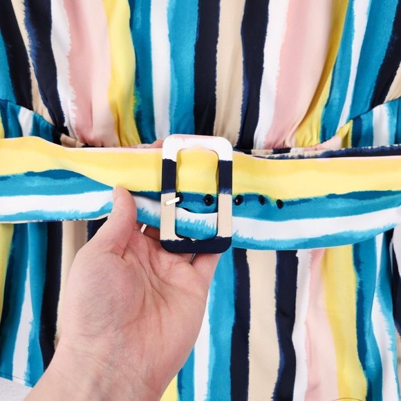 Lane Bryant Shirt Women 14 Pink Blue Colorful Striped Belted Satin Blouse Career - Picture 3 of 11